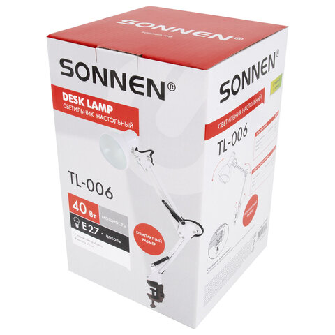 Настольная лампа-светильник SONNEN TL-006, струбцина, 40 Вт, Е27, белый, высота 50 см, 237649 - фото 8