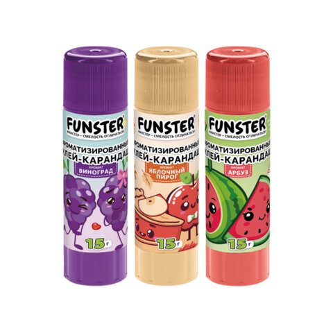 Клей-карандаш ароматизированный FUNSTER (ФАНСТЕР), яблоко, арбуз, виноград, 15 г, ВЫГОДНАЯ УПАКОВКА, 3 штуки на блистере, 274270 - фото 2