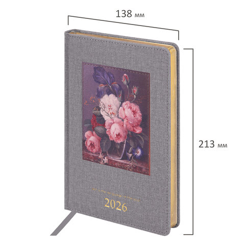 Ежедневник датированный 2026 А5 138х213 мм, BRAUBERG "ArtGallery", под кожу, нашивка, серый, 117406 - фото 2