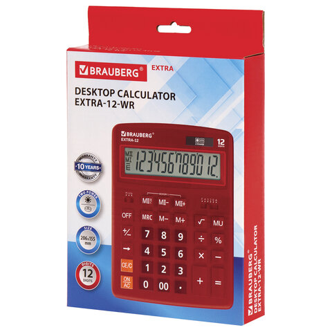 Калькулятор настольный BRAUBERG EXTRA-12-WR (206x155 мм), 12 разрядов, двойное питание, БОРДОВЫЙ, 250484 - фото 7