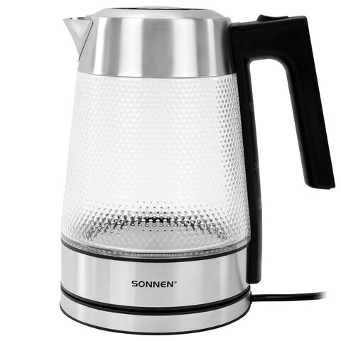 Чайник электрический SONNEN KT-1809, 1,8л, 2200 Вт, термостойкое стекло текстура ромб, внутренняя подсветка синяя, нержавеющая сталь, 455142 - фото 1