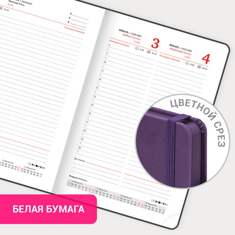 Ежедневник датированный 2026, А5, 138х213 мм, BRAUBERG "Plain", под кожу, резинка, держатель для ручки, фиолетовый, 117509 - фото 16