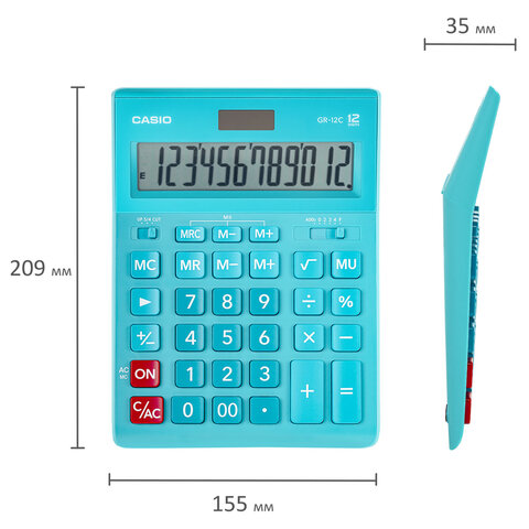 Калькулятор настольный CASIO GR-12С-LB (210х155 мм), 12 разрядов, двойное питание, ГОЛУБОЙ, GR-12C-LB-W-EP - фото 7