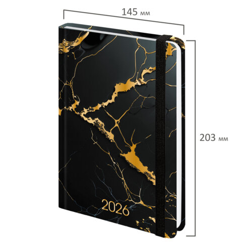 Ежедневник датированный 2026 с резинкой 145х203 мм, А5, BRAUBERG, твердый, фольга, "Черный мрамор", 117338 - фото 2