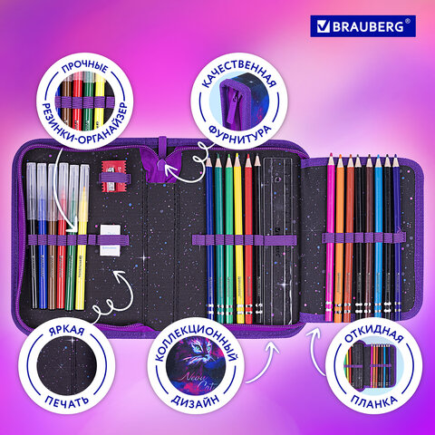 Пенал BRAUBERG с наполнением, 1 отделение, 1 откидная планка, 24 предмета, 21х14 см, "Neon cat", 271523 - фото 13