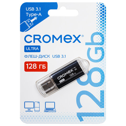 Флеш-диск 128 GB, CROMEX (КРОМЕКС) Ultra USB 3.1, металлический корпус, черный, 514165 - фото 1