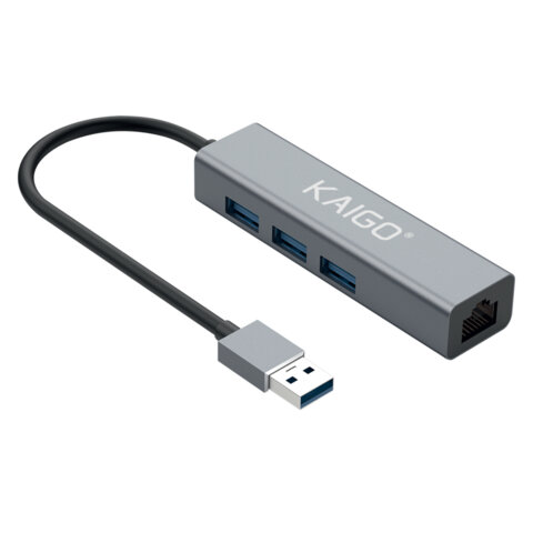 Хаб-разветвлитель KG-096, USB-A 3.2, высокоскоростной, 4 в 1, 3 х USB-A 3.2, 1 x RJ-45, 120 мм, серый, KAIGO (КАЙГО) SMART, 355060 - фото 1