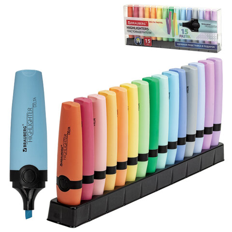 Набор текстовыделителей 15 ПАСТЕЛЬНЫХ ЦВЕТОВ на подставке, BRAUBERG "DELTA PASTEL", линия 1-5 мм, 152507 - фото 1
