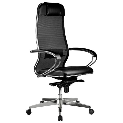 Кресло офисное МЕТТА "SAMURAI" Comfort S, хром, сиденье мягкое, ткань-сетка/экокожа, черное - фото 3