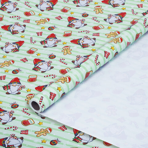 Бумага упаковочная мелованная BIG SIZE новогодняя "Гномики", 0,7х10 м, ЗОЛОТАЯ СКАЗКА, 592195 - фото 1