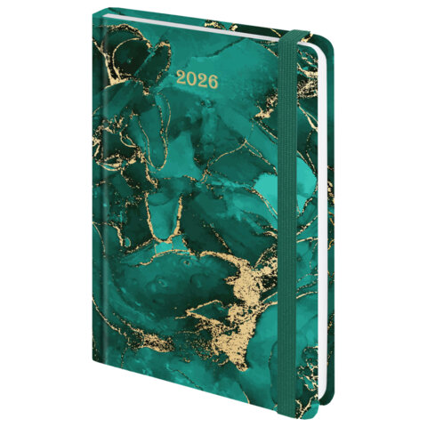 Ежедневник датированный 2026 с резинкой 145х203 мм, А5, BRAUBERG, твердый, фольга, "Мрамор", 117340 - фото 1