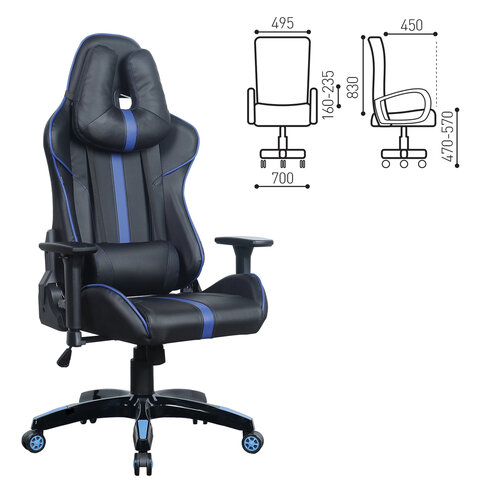 Кресло компьютерное BRABIX "GT Carbon GM-120", две подушки, экокожа, черное/синее, 531930 - фото 2