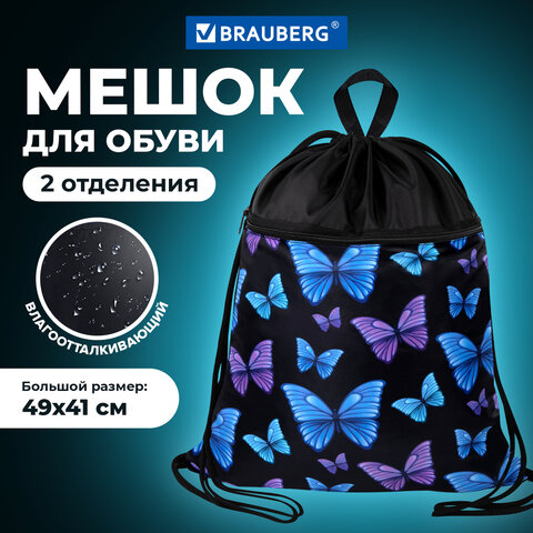 Мешок для обуви BRAUBERG БОЛЬШОЙ, с ручкой, карман на молнии, сетка, 49х41 см, "Fly aways", 272402 - фото 7