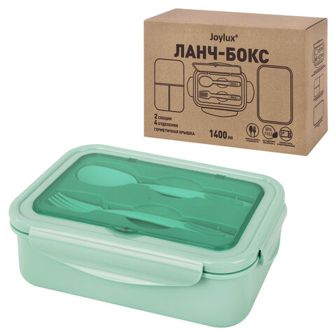 Ланч-бокс контейнер, 2 секции, 3+1 отделение, 1,4 л, ложка, вилка, 7х21х14 см, мятный, JOYLUX (ДЖОЙЛЮКС), 609347 - фото 1