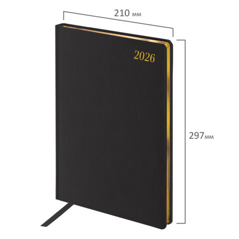 Еженедельник датированный 2026, БОЛЬШОЙ ФОРМАТ 210х297 мм, А4, BRAUBERG "Iguana", под кожу, черный, 117153 - фото 2