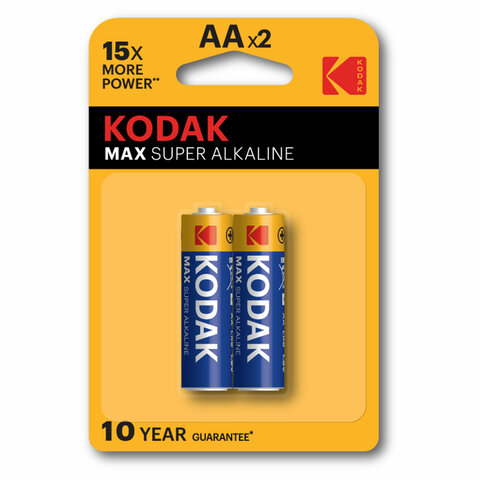 Батарейки алкалиновые "пальчиковые" КОМПЛЕКТ 2 шт., KODAK Max Super Alkaline, АА (LR6, 24А), блистер, Б0005131 - фото 1