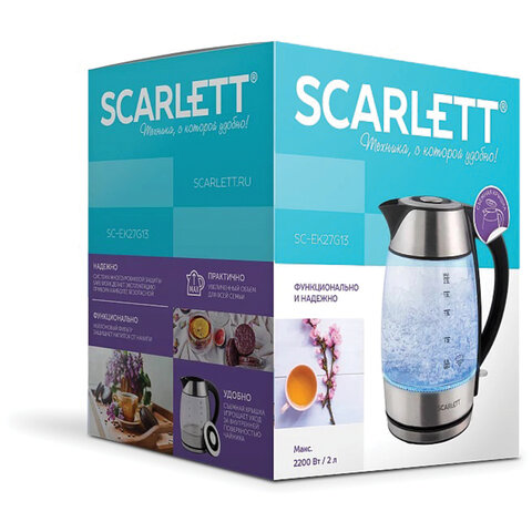 Чайник SCARLETT SC-EK27G13, 2 л, 2200 Вт, закрытый нагревательный элемент, стекло, стальной - фото 2