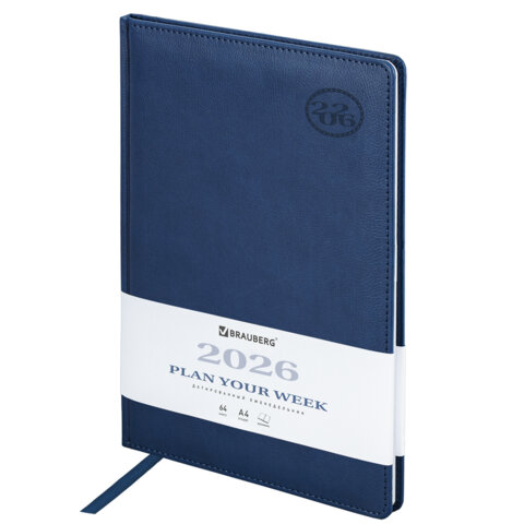 Еженедельник датированный 2026 БОЛЬШОЙ ФОРМАТ 210х297 мм, А4 BRAUBERG "Favorite", под кожу, синий, 117151 - фото 1