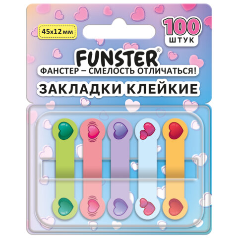 Закладки клейкие Z-сложения FUNSTER (ФАНСТЕР) "Сердечки", 45х12 мм, 100 шт. (5 цветов х 20 листов), в диспенсере, 116704 - фото 1