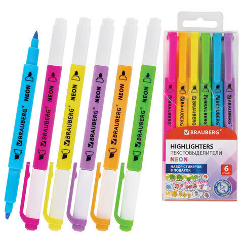Набор текстовыделителей двусторонних 6 НЕОНОВЫХ ЦВЕТОВ, BRAUBERG "TWIN NEON", линия 1-5 мм, 152517 - фото 1