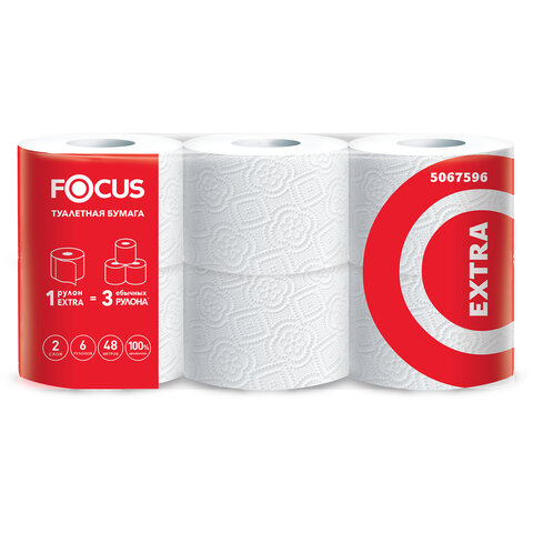 Бумага туалетная, спайка 6 шт., 2-слойная (6х48 м) Focus Extra, белая, 5067596 - фото 1