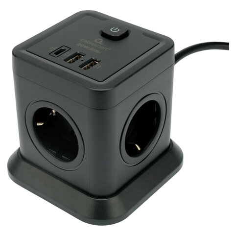 Сетевой фильтр CABLEXPERT Tower, 4 розетки, 10 А, 1 x Type-C PD, 20 Вт, 2 х USB, 2 м, черный, TWR-4-CU2-B-2 - фото 1