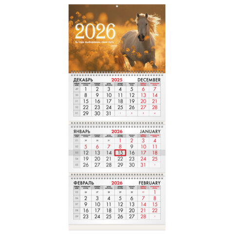 Календарь квартальный на 2026 г., 3 блока, 3 гребня, бегунок, офсет, BRAUBERG, "Символ года 5", 116769 - фото 1