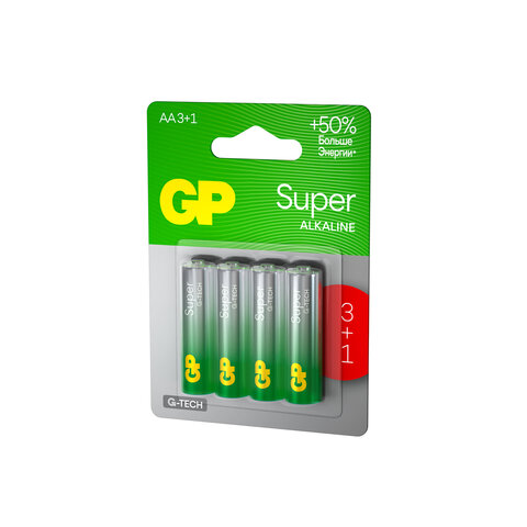 Батарейки КОМПЛЕКТ 4 шт., GP Super G-Tech, AA (LR6,15А), алкалиновые, пальчиковые, ПРОМО 3+1, 15A3/1-2CR4 - фото 3