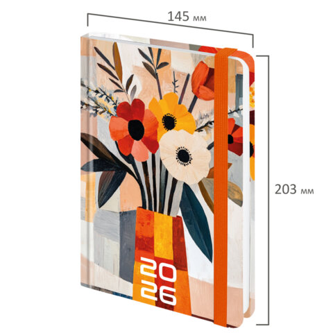 Ежедневник датированный 2026 с резинкой 145х203 мм, А5, BRAUBERG, твердый, "Букет", 117339 - фото 2