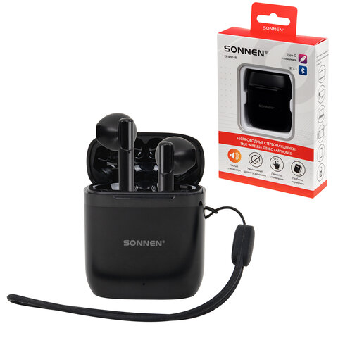 Наушники беспроводные TWS вкладыши с микрофоном, SONNEN EP-BH10B, Bluetooth 5.3, черные, 514122 - фото 1