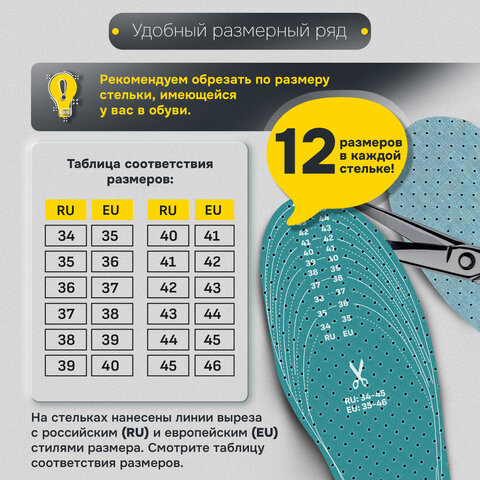 Стельки для обуви АНТИЗАПАХ, УНИВЕРСАЛЬНЫЙ размер RU 34-45 / EU 35-46 с линиями выреза, SHEGRA (ШЕГРА), 700732 - фото 15