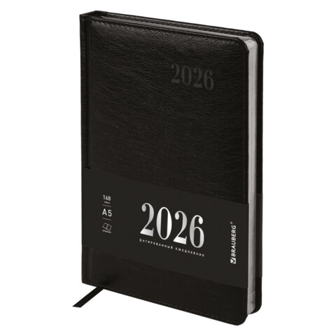 Ежедневник датированный 2026, А5, 138х213 мм, BRAUBERG "Impression", под кожу, черный, 117510 - фото 1