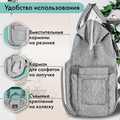 Рюкзак для мамы BRAUBERG MOMMY с ковриком, крепления на коляску, термокарманы, серый, 40x26x17 см, 270819 - фото 15