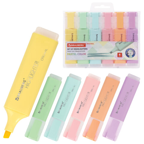 Набор текстовыделителей 6 ЦВЕТОВ, BRAUBERG "ORIGINAL PASTEL", линия письма 1-5 мм, 151698 - фото 1