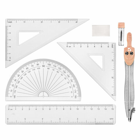 Готовальня BRAUBERG SCHOOL KIT, 8 предметов, циркуль 115 мм, чертежные принадлежности, персиковый цвет, 210704 - фото 2
