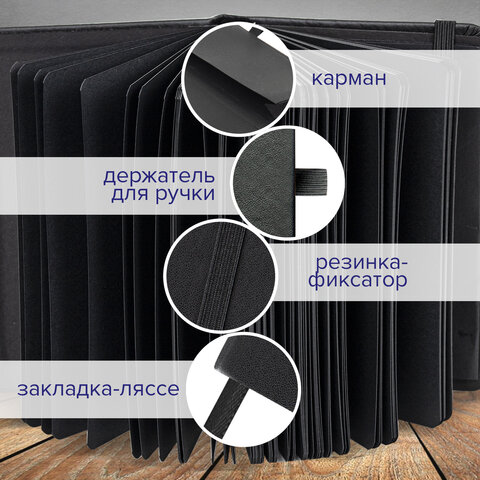 Скетчбук, черная бумага 140 г/м2, 120х120 мм, 80 л., КОЖЗАМ, резинка, карман, BRAUBERG ART CLASSIC, черный, 113202 - фото 7
