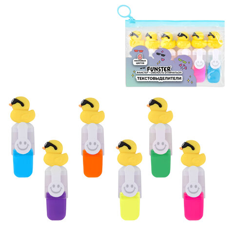 Набор текстовыделителей с топперами 6 ЦВЕТОВ НЕОН, "КРУТЫЕ УТЯТА", линия 1-4 мм, FUNSTER (ФАНСТЕР), 152647 - фото 1