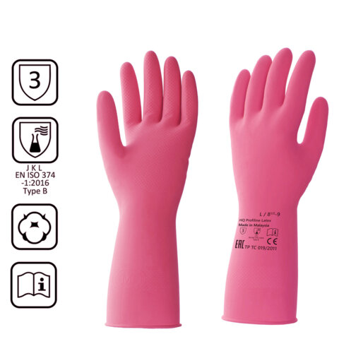 Перчатки латексные КЩС, сверхпрочные, плотные, хлопковое напыление, размер 8,5-9, L (большой), красные, HQ Profiline, 73585 - фото 2