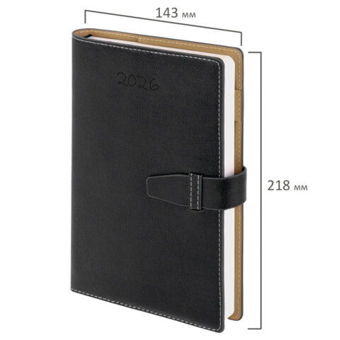 Ежедневник датированный 2026, А5, 143х218 мм, BRAUBERG "Journal", под кожу, застежка, держатель для ручки, органайзер, черный, 117382 - фото 2