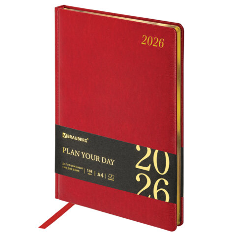 Ежедневник датированный 2026 БОЛЬШОЙ ФОРМАТ 210х297 мм, А4, BRAUBERG "Iguana", под кожу, красный, 117246 - фото 1