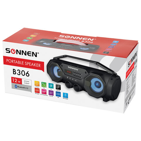 Колонка портативная с подсветкой SONNEN B306, 12 Вт, Bluetooth, FM-тюнер, microSD, MP3-плеер, черная, 513479 - фото 9