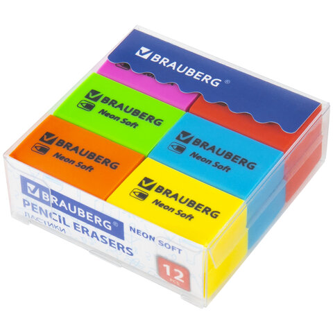 Ластики BRAUBERG NEON SOFT НАБОР 12 штук, размер ластика 31х20х10 мм, экологичный ПВХ, 271339 - фото 1