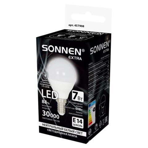 Лампа светодиодная SONNEN EXTRA, 7 (60) Вт, E14, шар, нейтральный белый, 30000 ч, LED G45-7W-4000-Е14, 457908 - фото 3