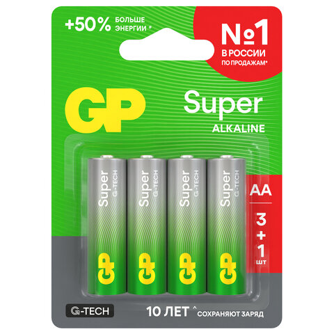 Батарейки КОМПЛЕКТ 4 шт., GP Super G-Tech, AA (LR6,15А), алкалиновые, пальчиковые, ПРОМО 3+1, 15A3/1-2CR4 - фото 4