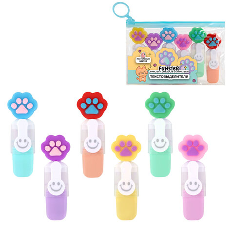 Набор текстовыделителей с топперами 6 ЦВЕТОВ ПАСТЕЛЬ, "ЛАПКИ", линия 1-4 мм, FUNSTER (ФАНСТЕР), 152650 - фото 1