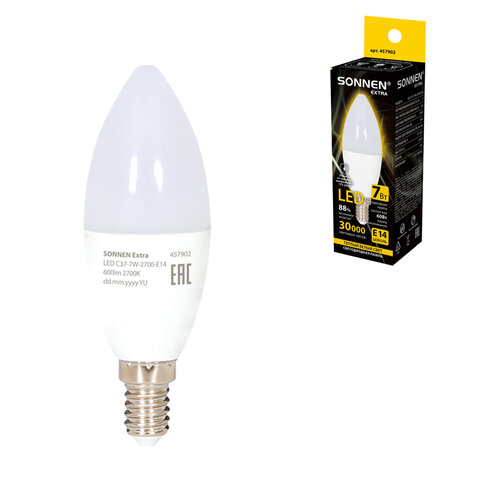 Лампа светодиодная SONNEN EXTRA, 7 (60) Вт, Е14, свеча, теплый белый, 30000 ч, LED C37-7W-2700-Е14, 457902 - фото 1