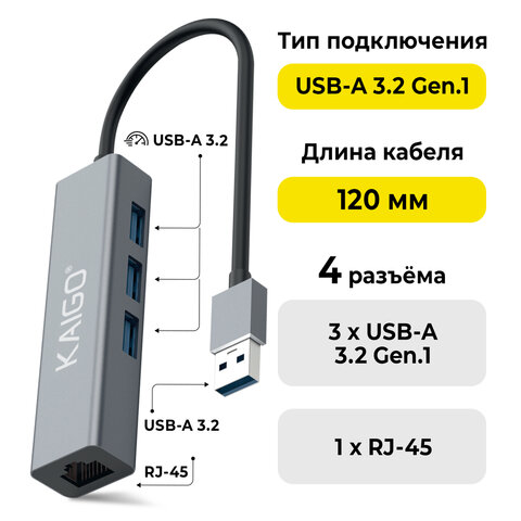 Хаб-разветвитель KG-096, USB-A 3.2, высокоскоростной, 4 в 1, 3 х USB-A 3.2, 1 x RJ-45, 120 мм, серый, KAIGO (КАЙГО) SMART, 355060 - фото 1