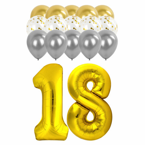 Шары воздушные НАБОР ДЛЯ ДЕКОРА "18 лет", 17 шаров, золото/серебро, BRAUBERG, 591900 - фото 1