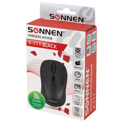 Мышь беспроводная SONNEN V-111, USB, 800/1200/1600 dpi, 4 кнопки, оптическая, черная, 513518 - фото 10