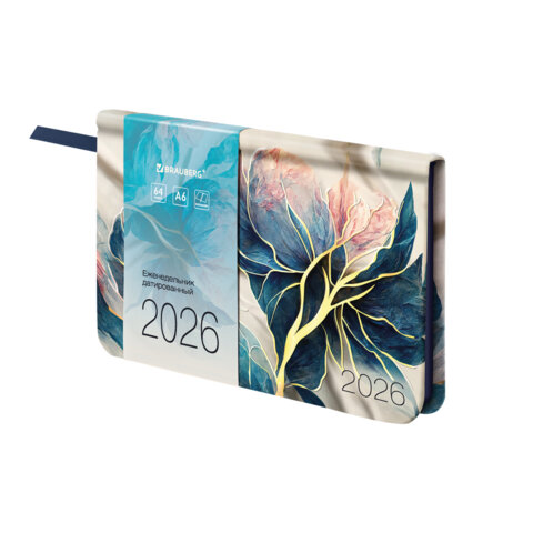 Еженедельник датированный 2026 МАЛЫЙ ФОРМАТ 95х155 мм, А6, BRAUBERG "Vista", под кожу, "Цветы", 117204 - фото 1